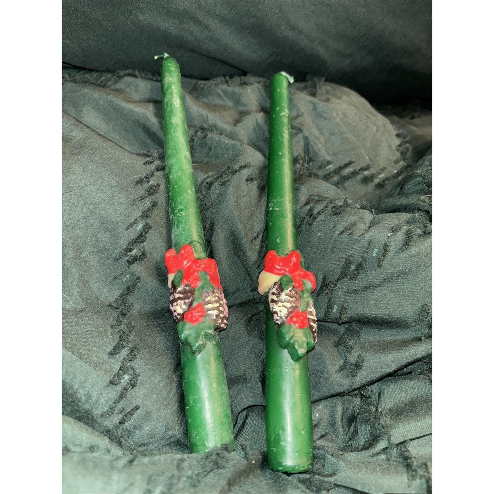 Vtg Trim A Home Christmas Decorative With Holly And Pine10" Green Taper Candles